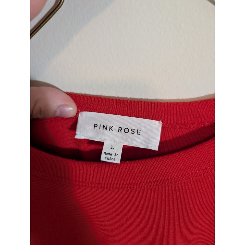 Pink Rose T-Shirt Women's L Red Short Sleeve Crew Neck Knit Solid Crop Top - Picture 2 of 6